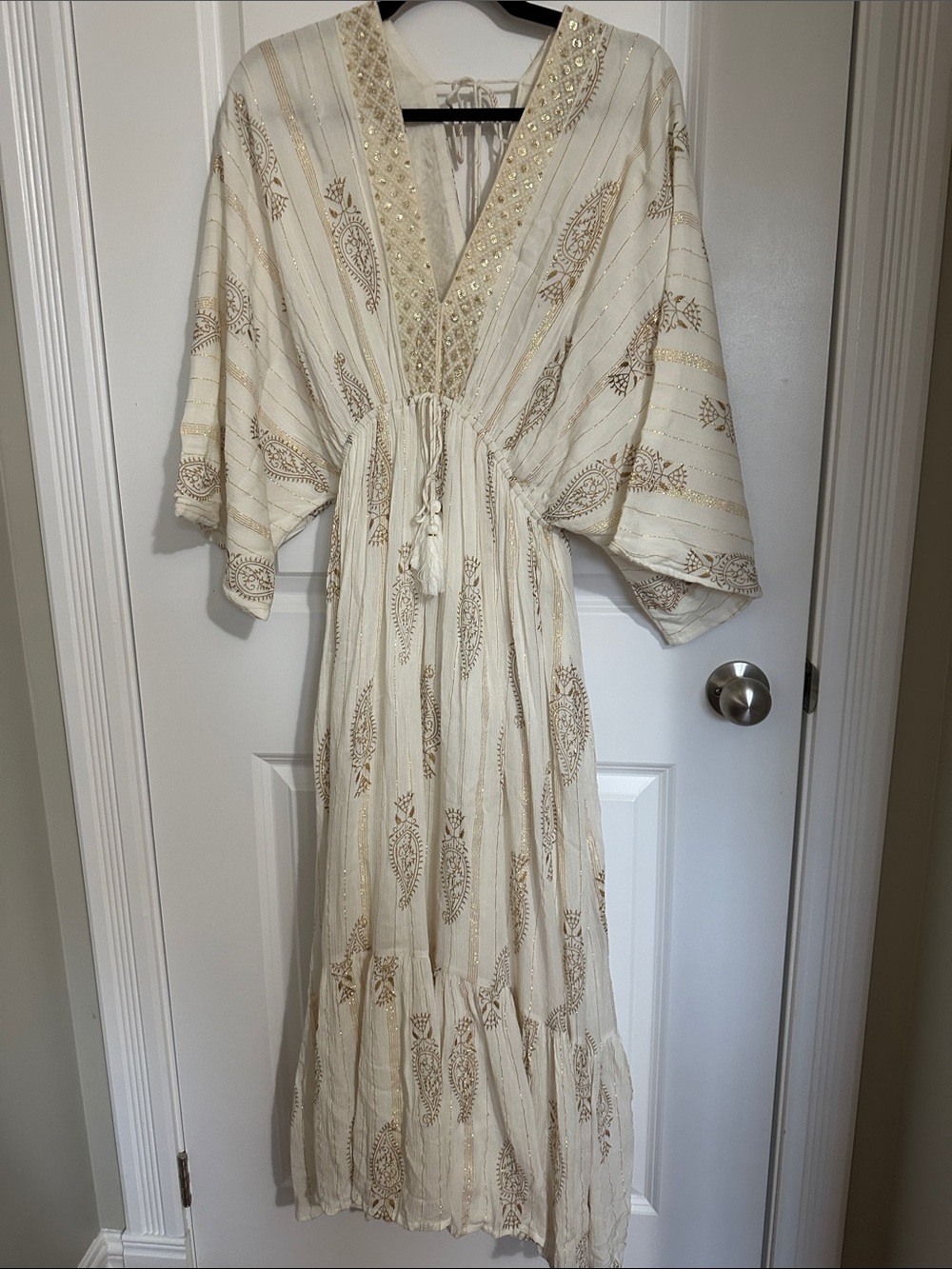 Sz S⭐️APRICOT Cream Gold Foil Tassel Embroidered Sequin V Neck Boho Maxi Dress - Picture 7 of 13